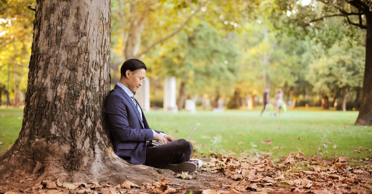 Homme adulte utilisant un ordinateur portable dans un parc entouré de feuilles d'automne, adoptant un mode de vie de télétravail.